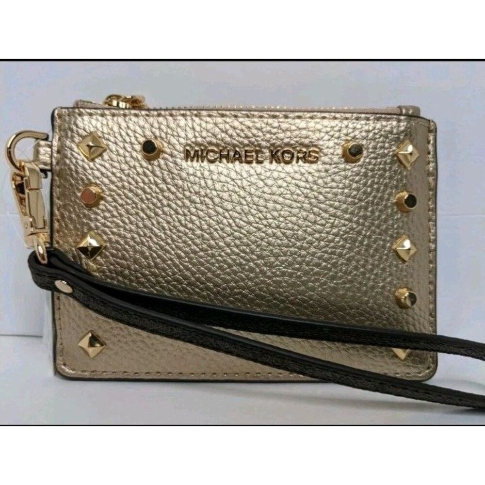NWT Michael Kors Jet Set Small Coin Purse Pouch Brown Signature Gold Studs